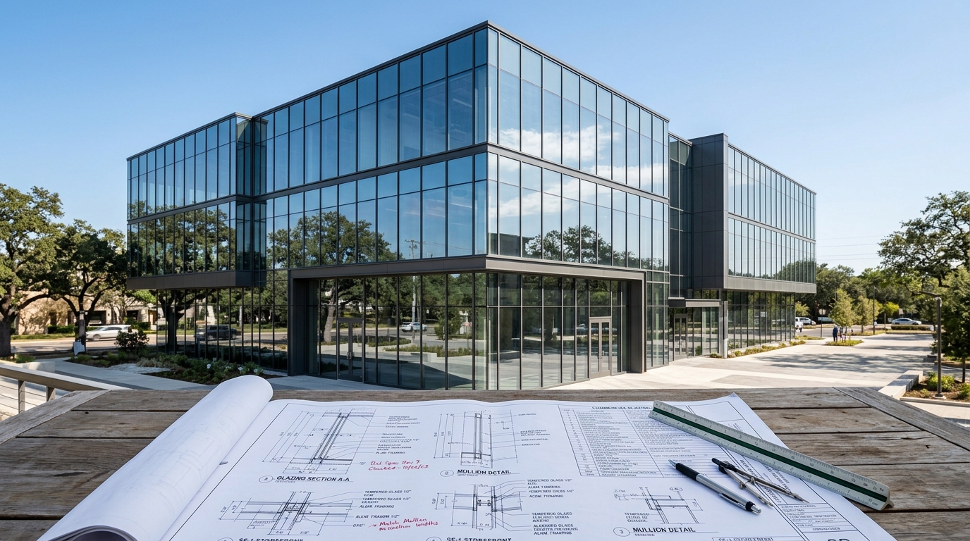 Architectural blueprints for commercial glazing in foreground, with a modern glass building in the background, symbolizing