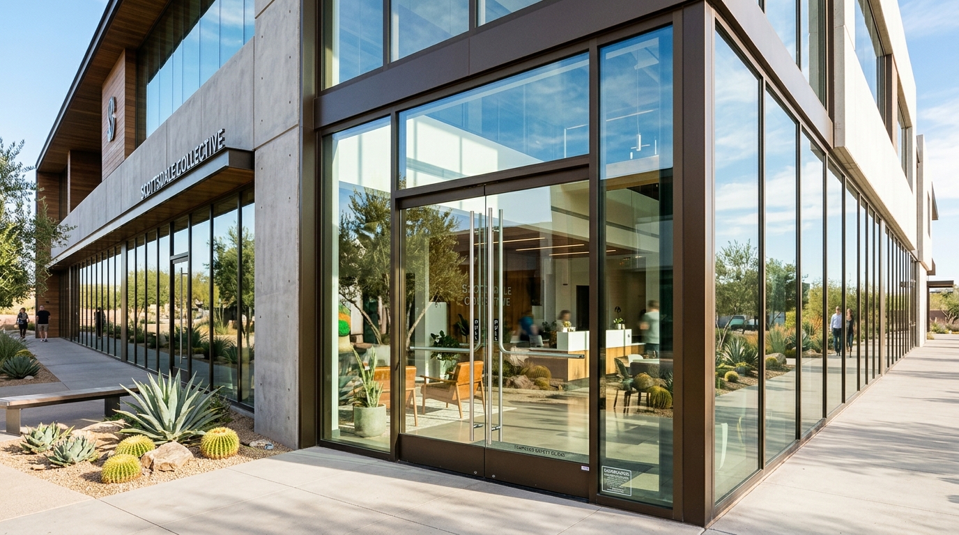 Modern commercial building facade with large tempered glass panels, emphasizing safety, strength, and code compliance.