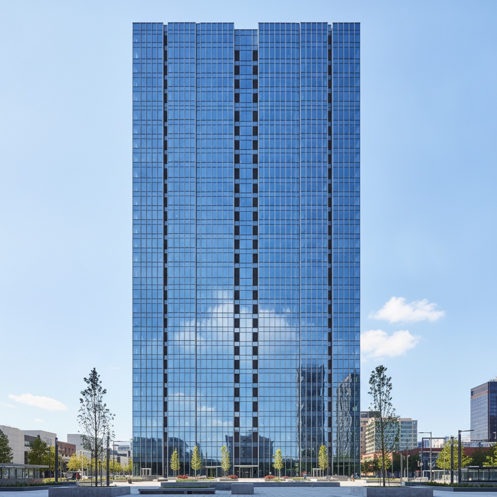 High-rise curtain wall facade with concealed slab edges behind continuous spandrel and vision glass