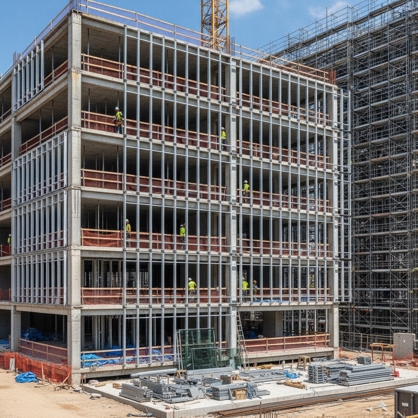 Construction site with window wall installation progressing floor by floor on mid-rise building