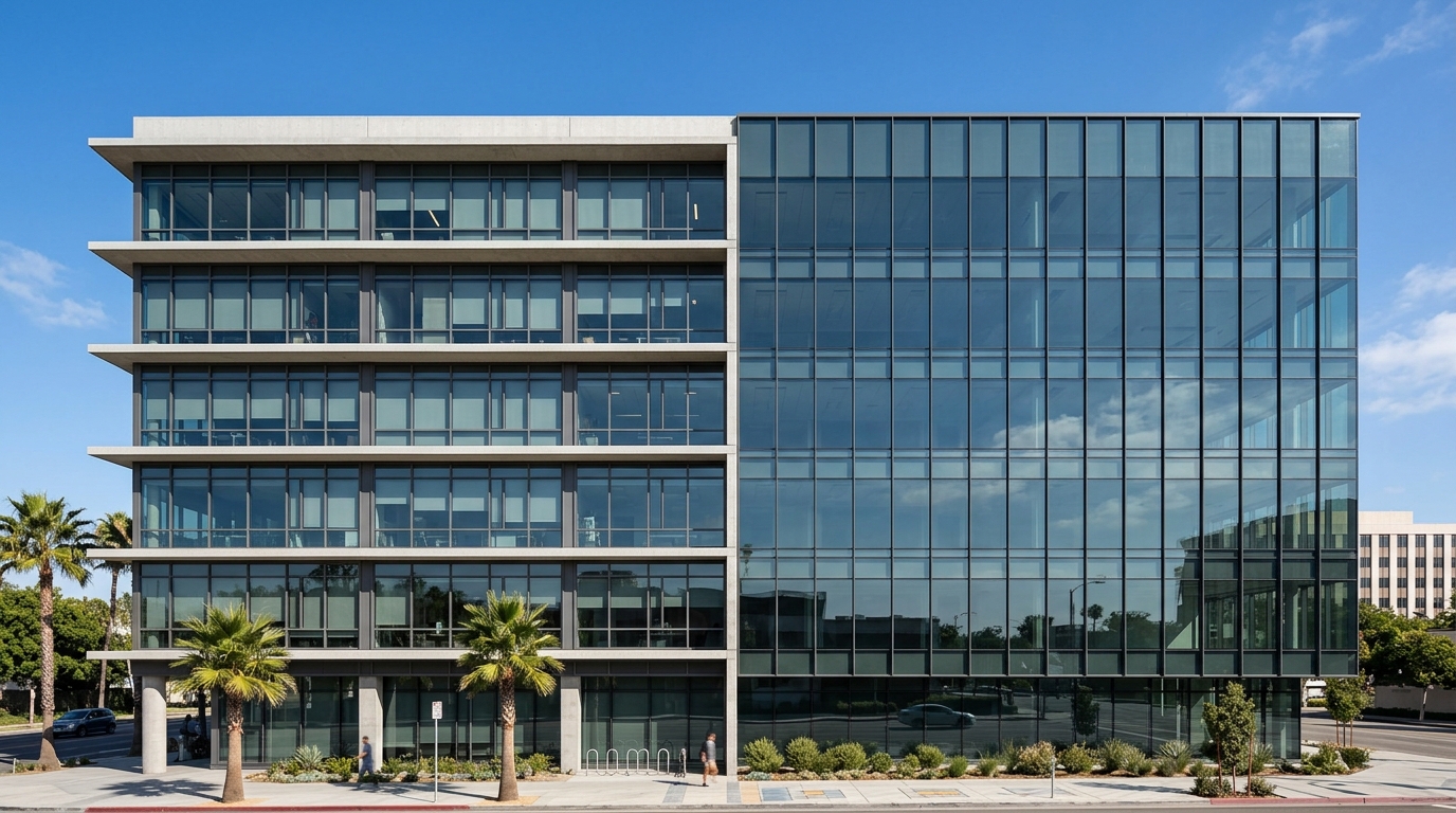 Mid-rise building facade comparing window wall (visible slab edges, stacked) and curtain wall (continuous glass, concealed