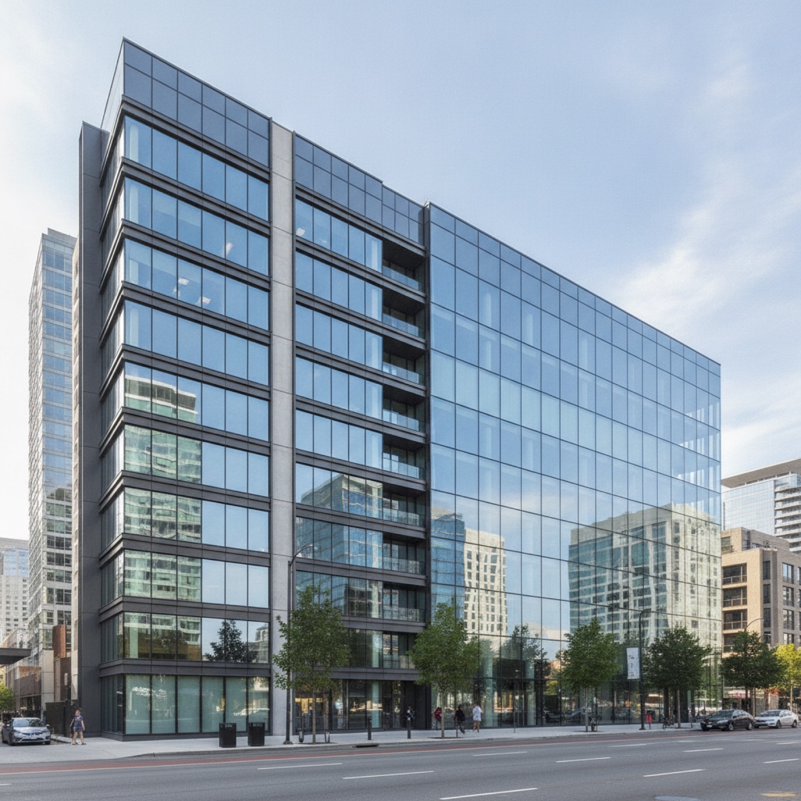Finished mid-rise commercial facade demonstrating unified glazing system design strategy