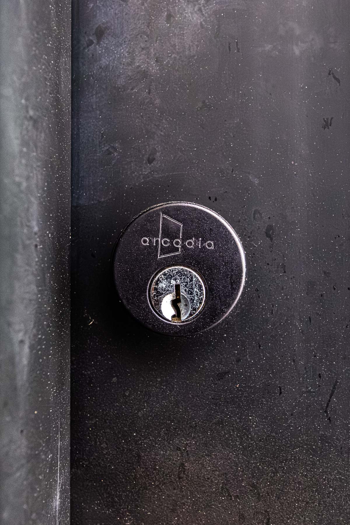 A close-up view of a silver door lock cylinder with the 'Arcadia' logo on a dark, textured door or frame.