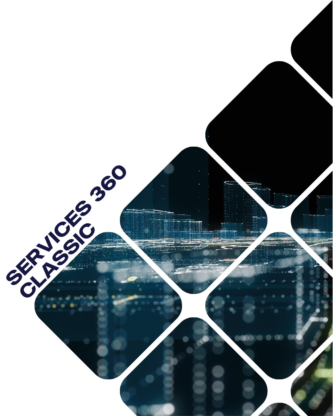 Una composizione astratta con testo e una griglia di forme quadrate che mostrano scorci di un orizzonte cittadino.