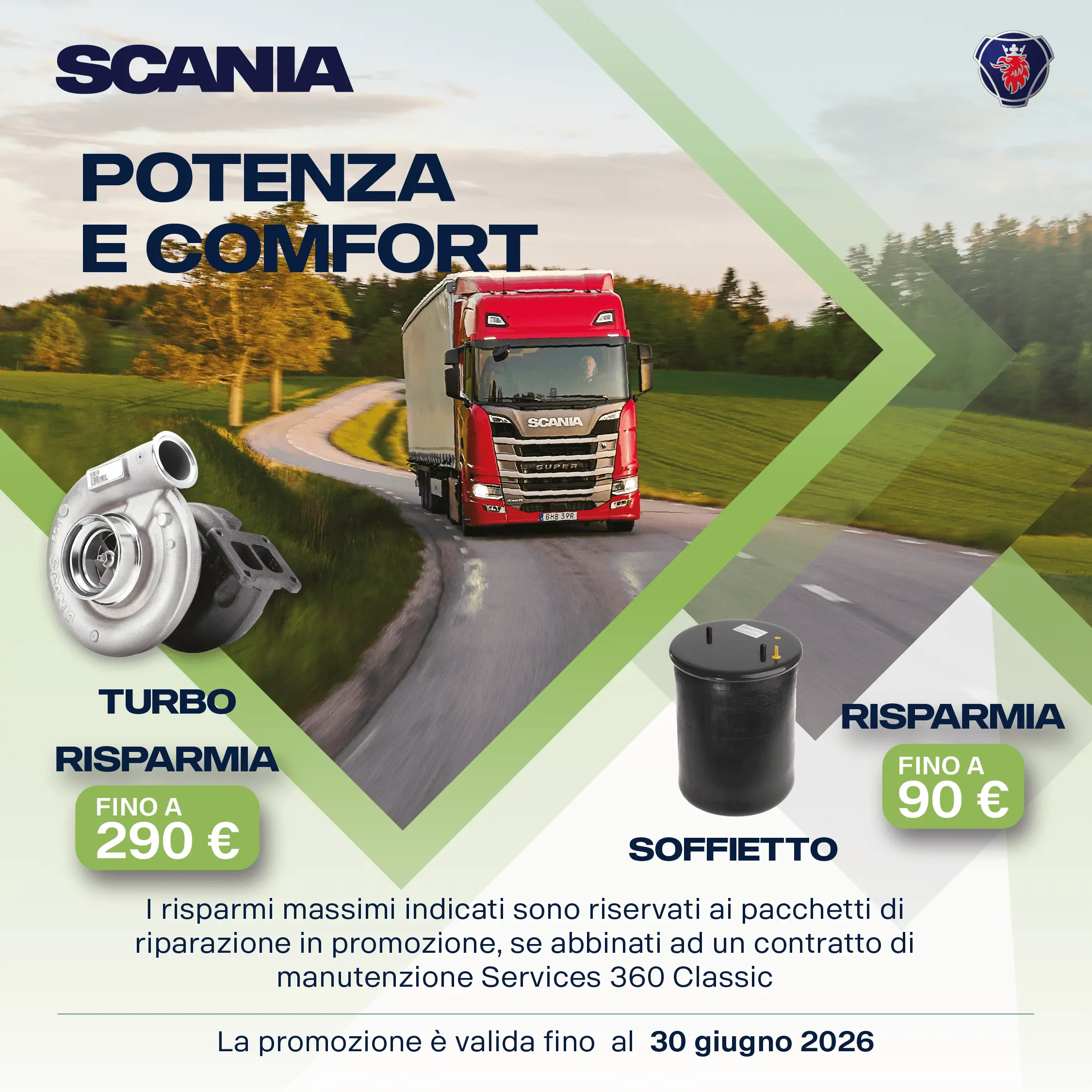 Annuncio promozionale Scania per turbo e soffietti, con risparmi fino a 290€ e 90€ rispettivamente, valido fino al 30 giugno 2026.