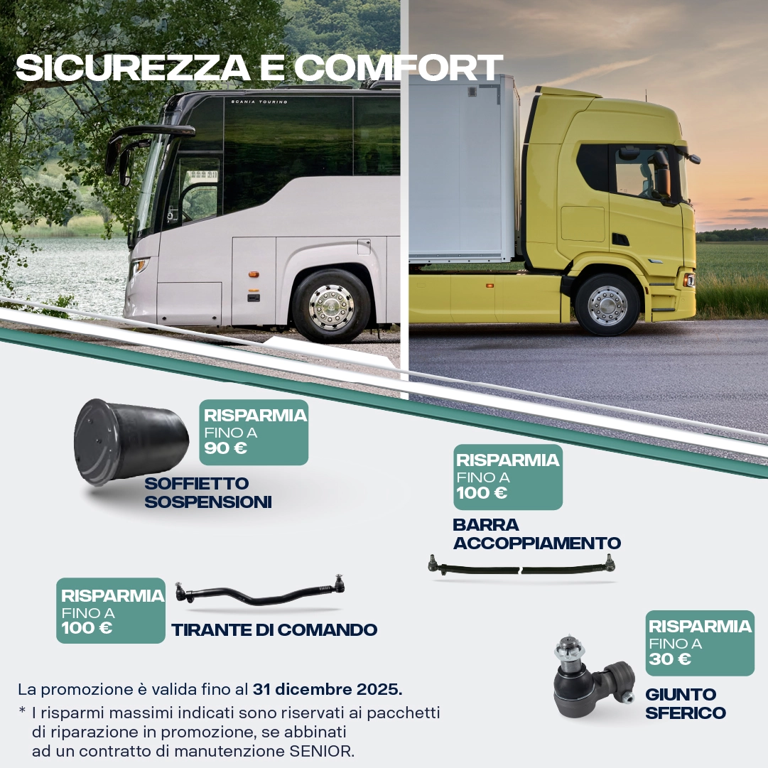 Una pubblicità per pezzi di ricambio per autobus e camion Scania, con sconti fino a 100€, valida fino al 31 dicembre 2025.
