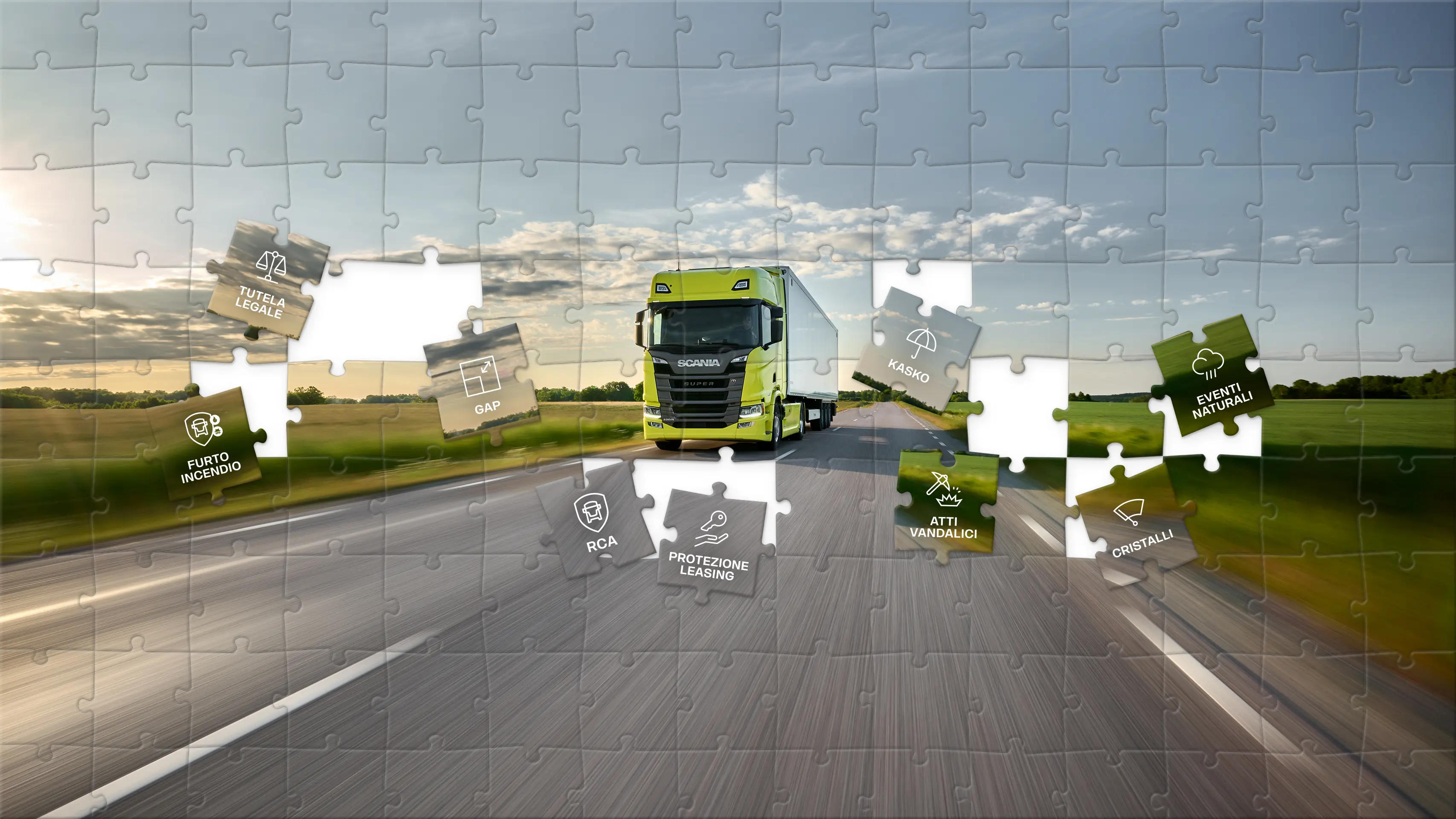 Un camion su strada circondato da pezzi di puzzle con testo italiano che indica vari tipi di assicurazione per camion.