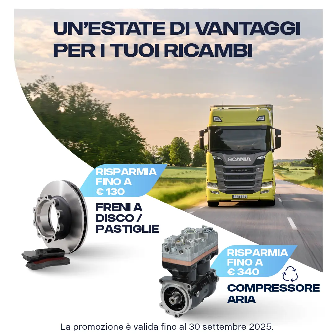 La promozione estiva per i ricambi Scania. Uno scania giallo che richiama la primavera estate sfreccia su strada