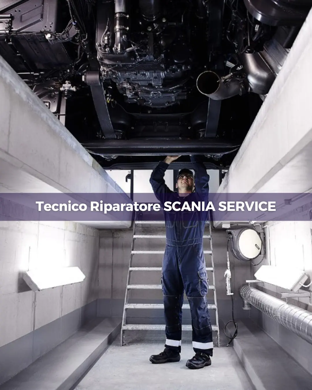 Tecnico Riparatore SCANIA SERVICE al lavoro sotto un veicolo in officina.