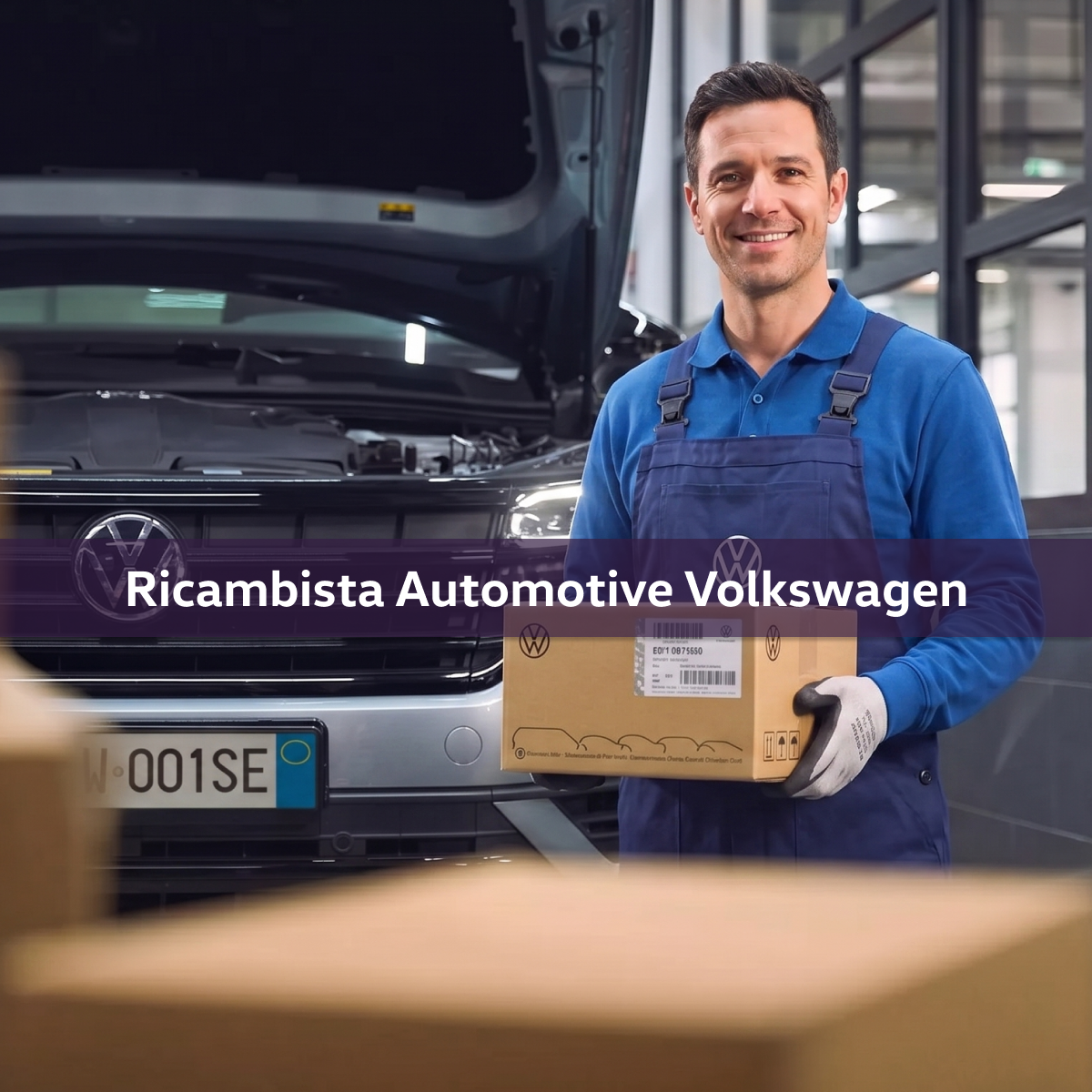 Una ricambista automotive Volkswagen al lavoro nel magazzino ricambi.