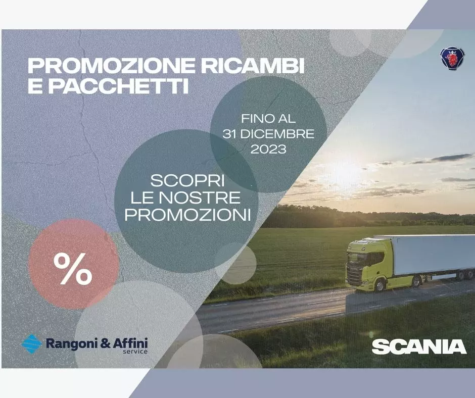 Le promozioni sui ricambi che durano fino al 31 dicembre. Uno scania giallo su una strada al tramonto 