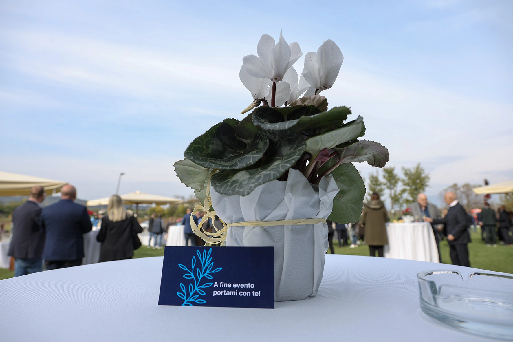 Un fiore in vaso con un messaggio su un tavolo a un evento all'aperto.