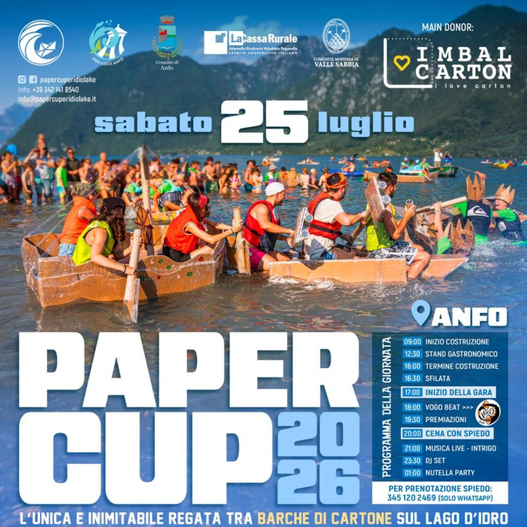 Paper Cup 2026: l'unica e inimitabile regata di barche di cartone sul Lago d'Idro! Appuntamento ad Anfo sabato 25 luglio.