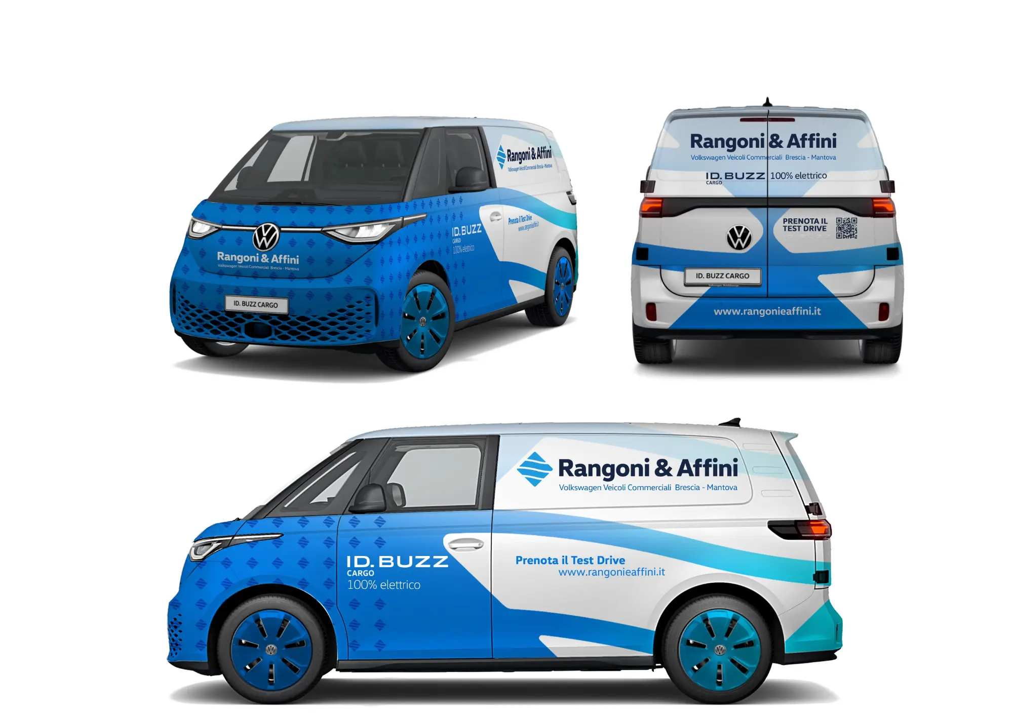 Un furgone VW ID. Buzz Cargo decorato con loghi aziendali.