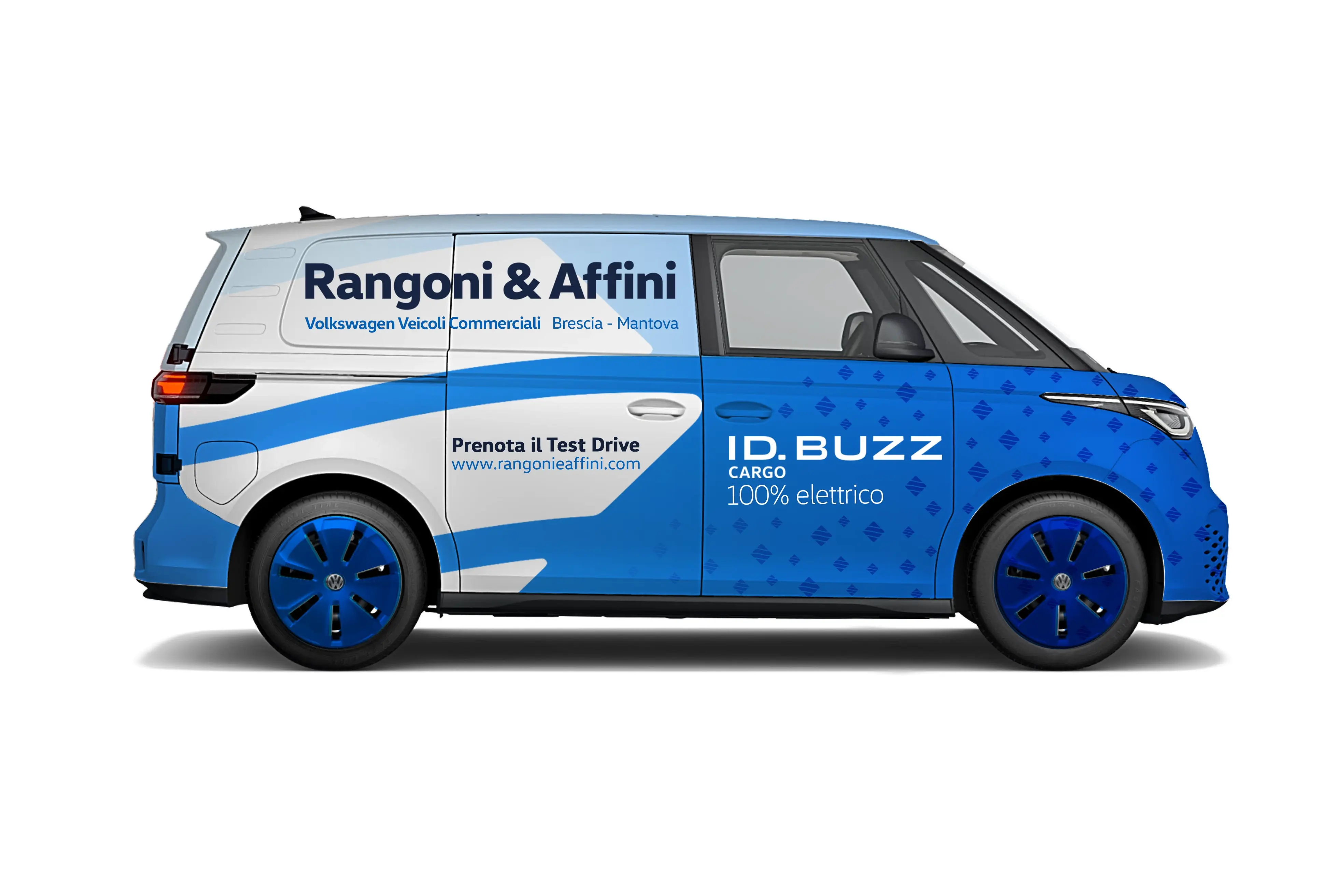 Volkswagen ID. Buzz Cargo brandizzato Rangoni & Affini. Pubblicità su un furgone elettrico.