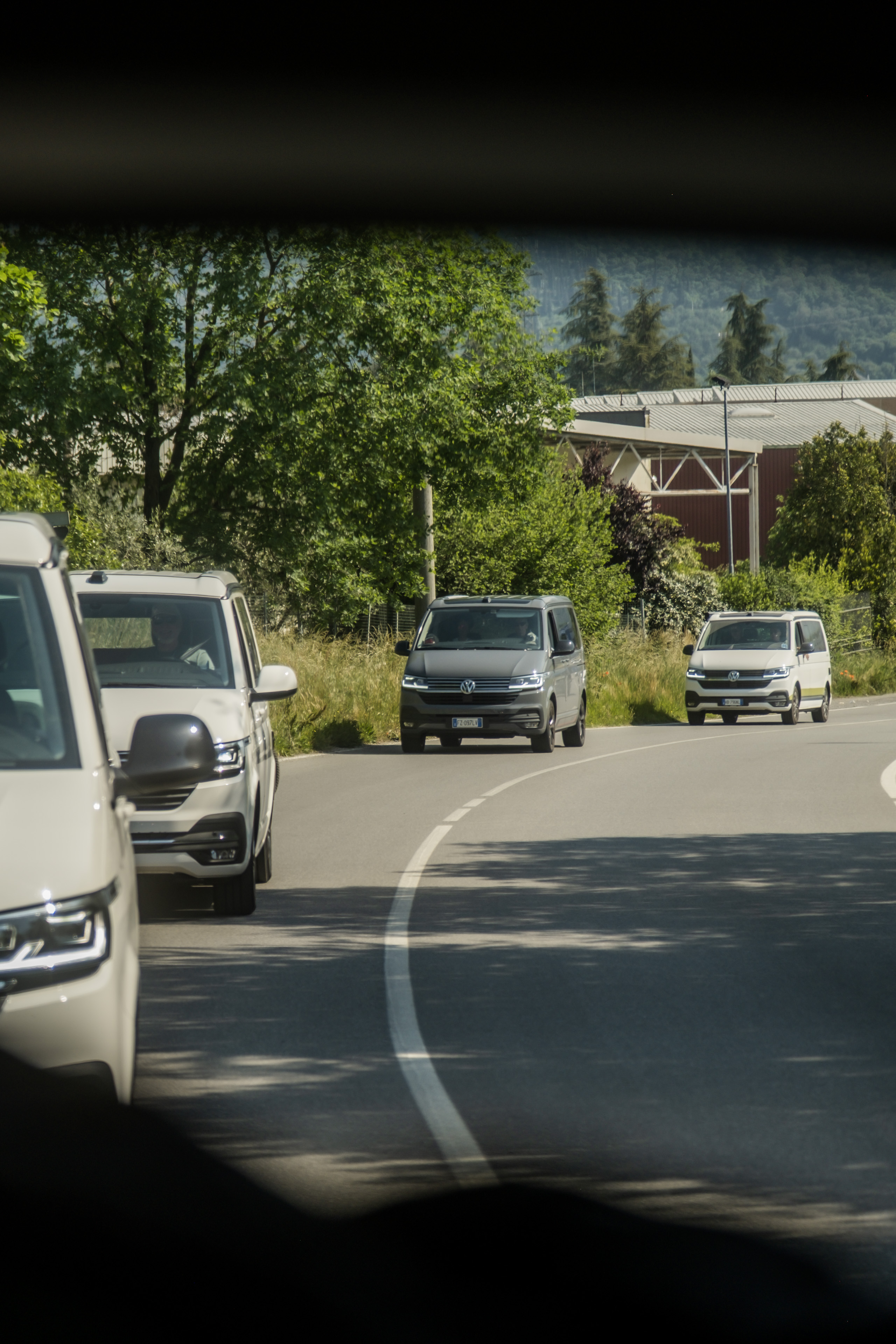 Convoglio di van Volkswagen su una strada verdeggiante, sotto il sole primaverile.