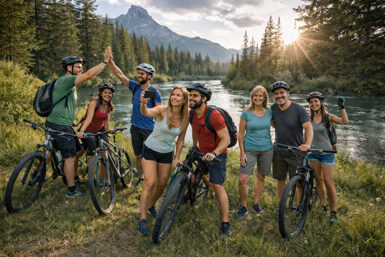 Amici in mountain bike celebrano e scattano selfie in un incredibile paesaggio alpino con fiume e sole.