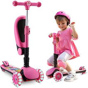 Trottinette 2 en 1 pour Enfants, Trottinette à 3 Roues avec siège Pliant et Amovible Roues Lumineuses à Hauteur réglable pour Les Tout-Petits Filles et garçons