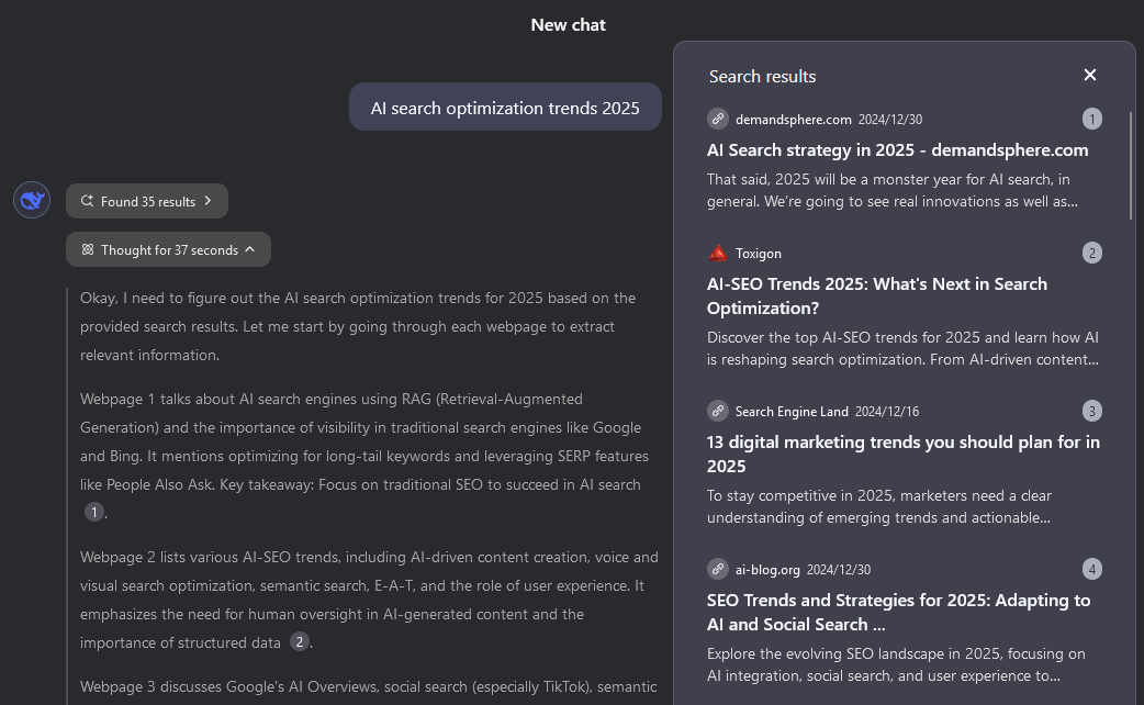 Deepseek Reasoning and Search Result Example