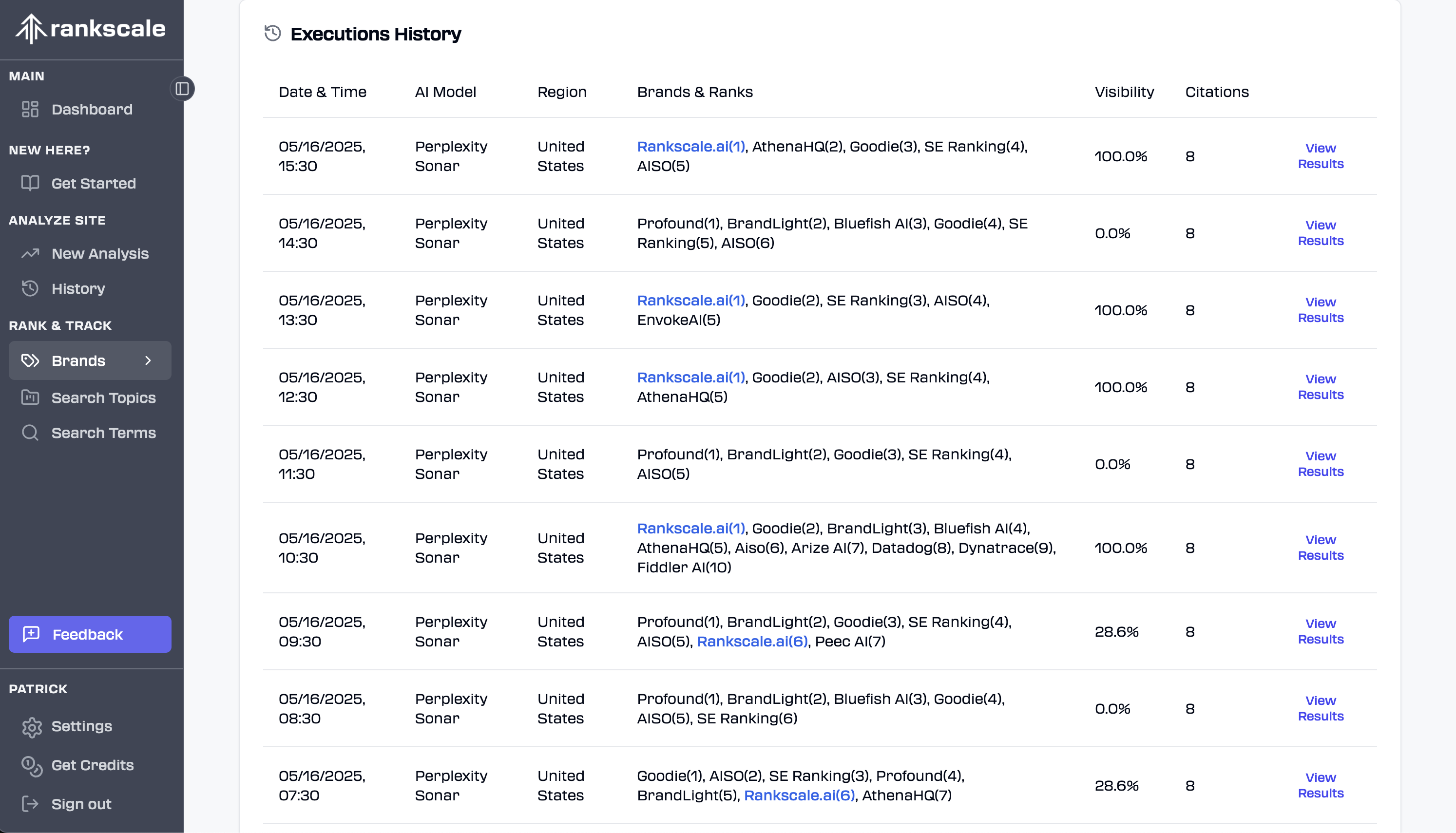 Execution history with Rankscale.ai