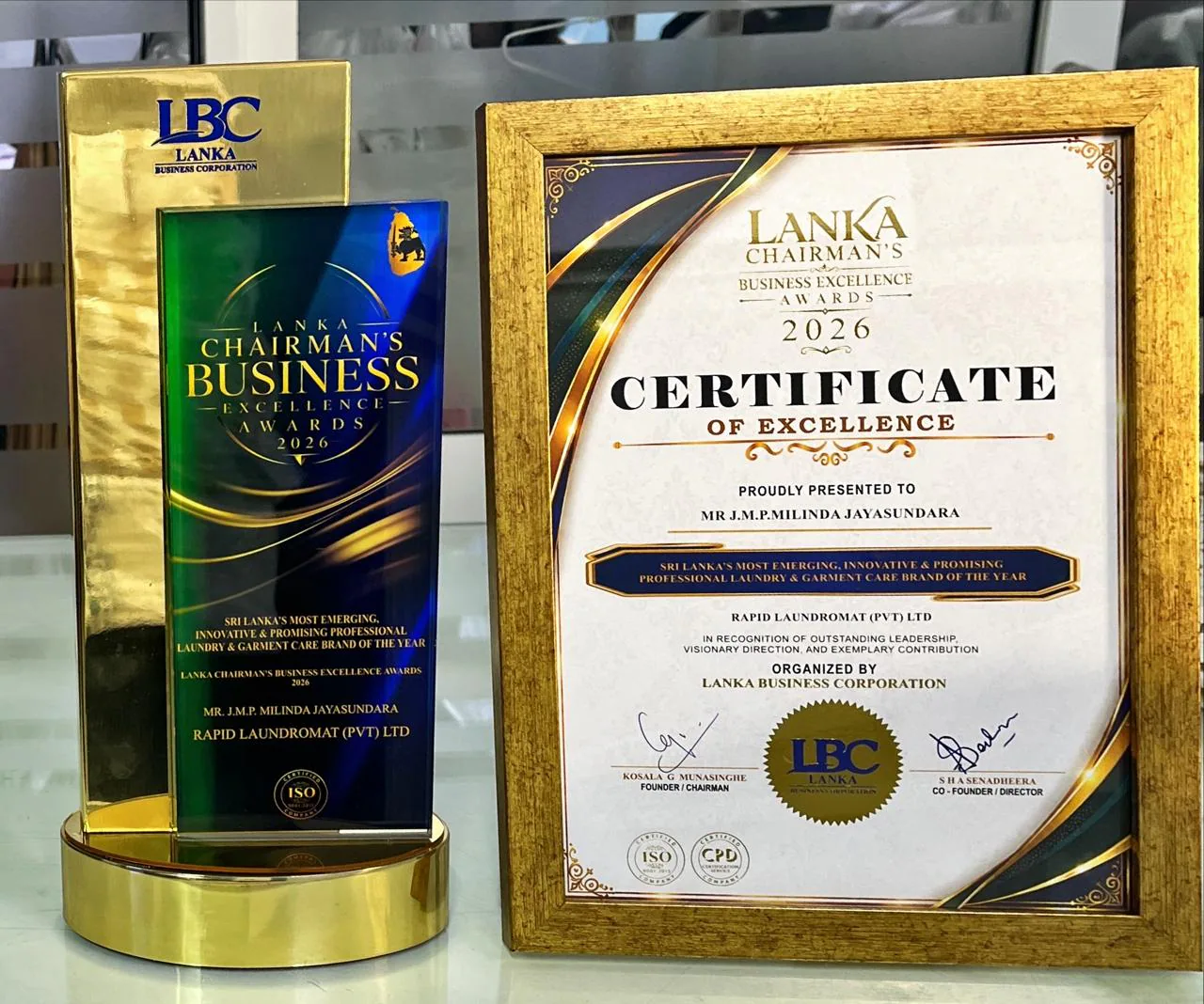 Sri Lanka’s Most Emerging, Innovative & Promising Professional Laundry & Garment Care Brand of the Year recognition photograph
