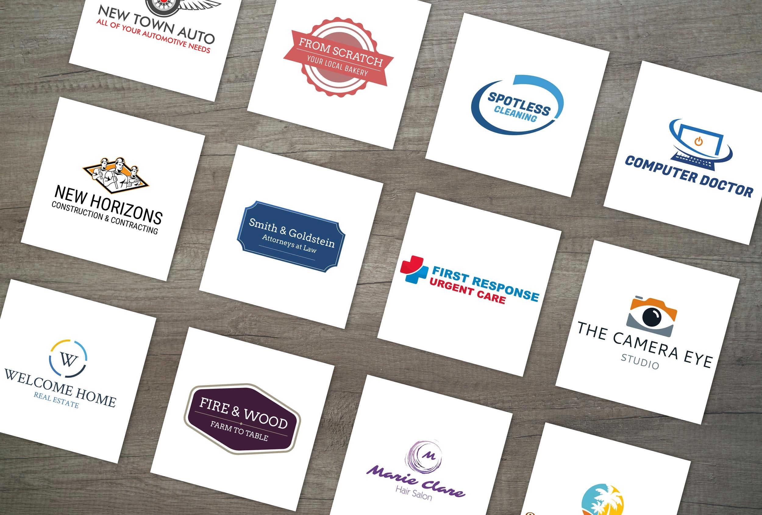 Estrategia de branding y diseño de identidad visual, ejemplos de tarjetas con logos de diferentes marcas, de diferentes tipos de negocios en una mesa Estrategia de branding y diseño de identidad visual, ejemplos de tarjetas con logos de diferentes marcas, de diferentes tipos de negocios en una mesa