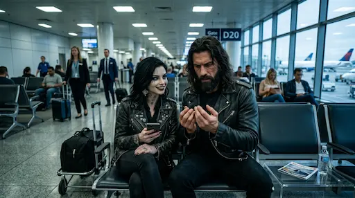 Jonah and Nyx at the airport