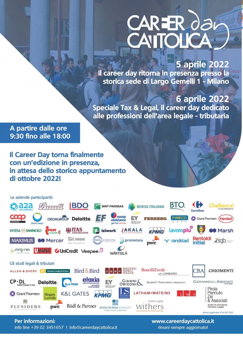 Russo De Rosa Associati presente al Career Day Università Cattolica del Sacro Cuore 6 Aprile 2022