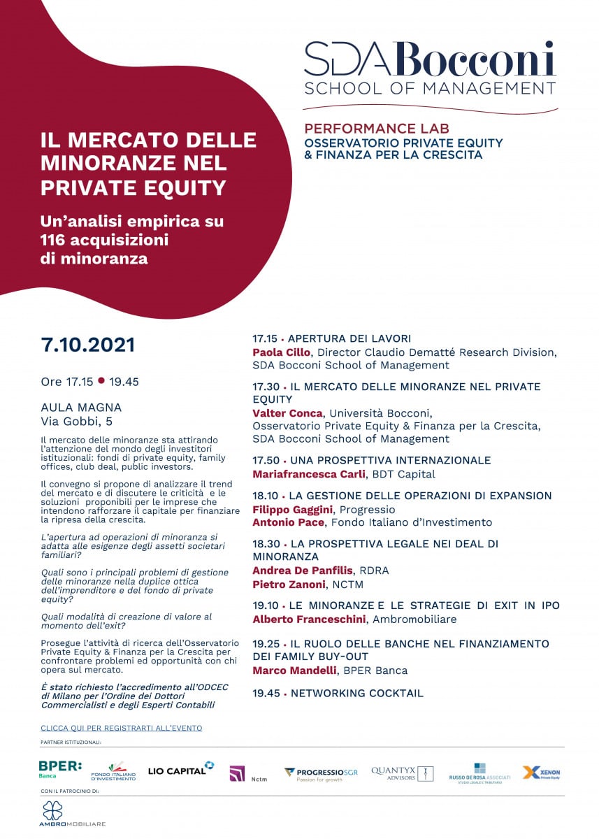 Andrea De Panfilis will speak at the conference "The Minority Market in Private Equity" organized by SDA Bocconi.