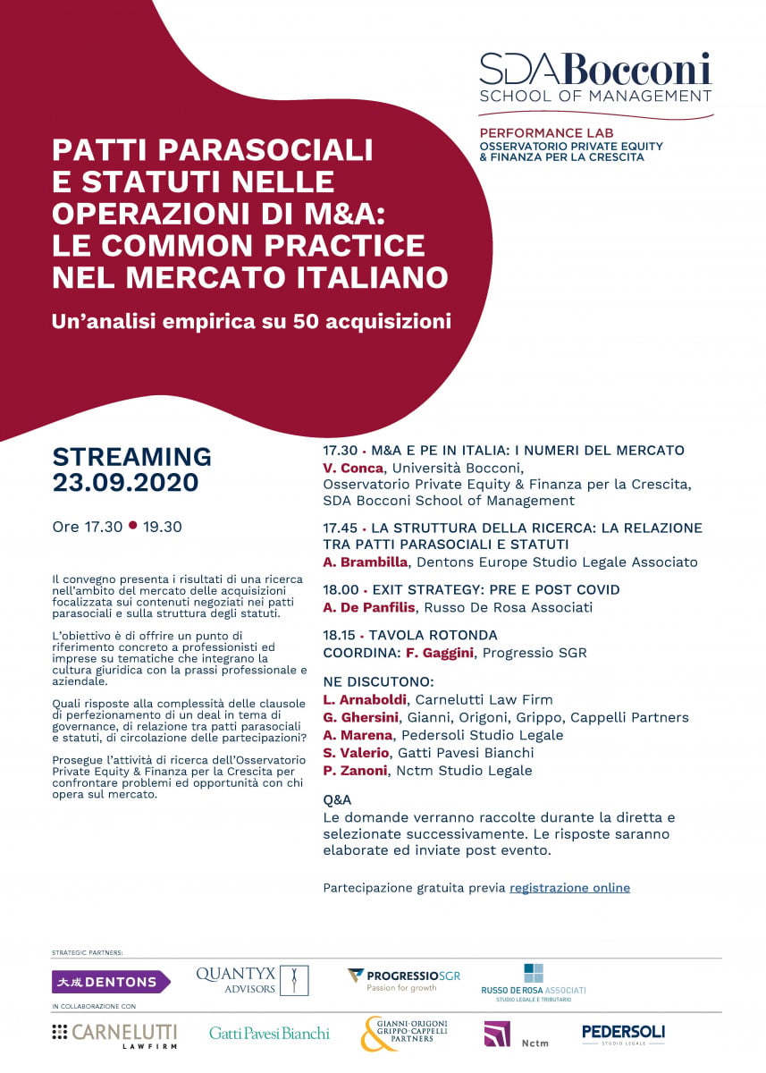 Andrea De Panfilis will be among the speakers at the SDA Bocconi event, "Shareholders' Agreements and Bylaws in M&A Transactions: Common Practices in the Italian Market."