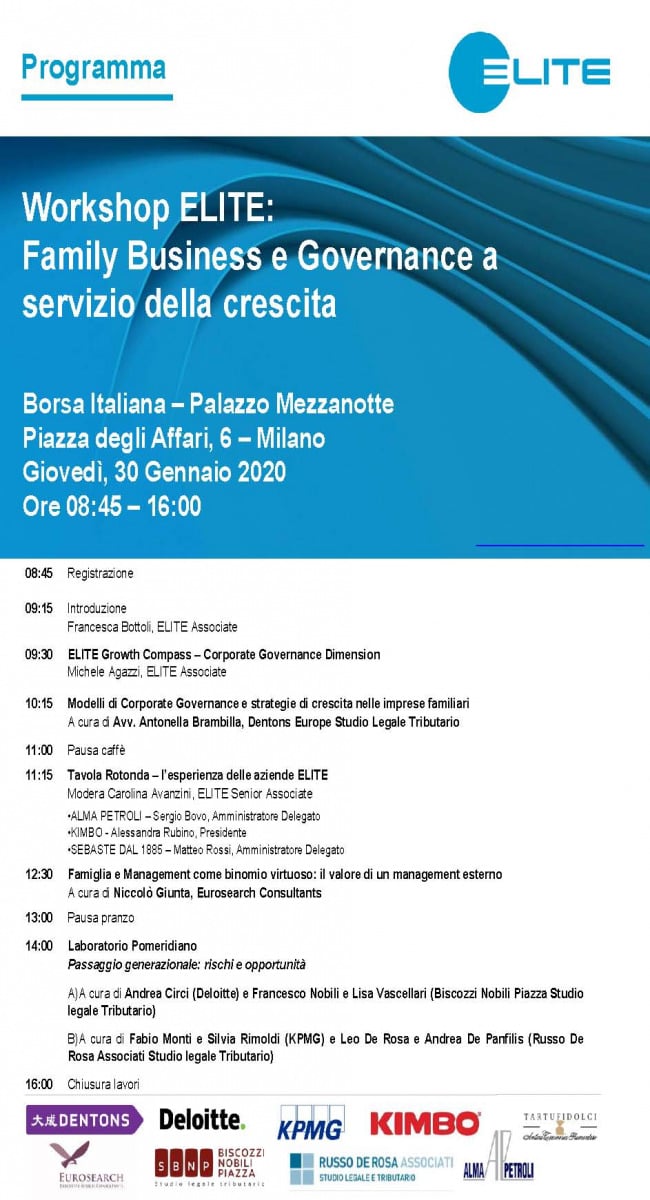Leo De Rosa e Andrea De Panfilis relatori al workshop Elite "Family business e governance a servizio della crescita"
