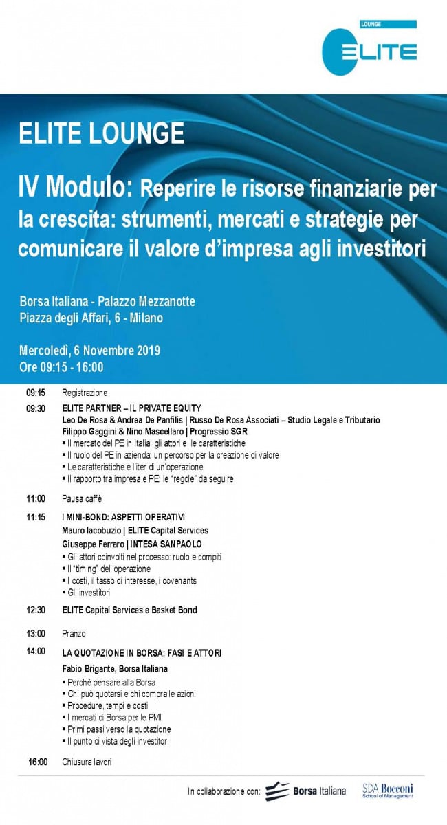 Leo De Rosa and Andrea De Panfilis will be presenting at the Elite Lounge, "Financial Resources for Growth: Tools, Markets, and Strategies for Communicating Corporate Value to Investors."