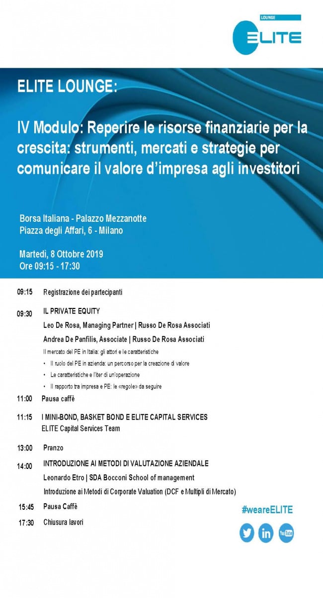 Leo De Rosa and Andrea De Panfilis will be presenting at the Elite Lounge, "Financial Resources for Growth: Tools, Markets, and Strategies for Communicating Corporate Value to Investors."