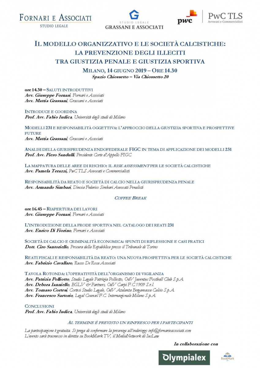 Fabrizio Cavallaro relatore al convegno "Il modello organizzativo e le società calcistiche: la prevenzione degli illeciti tra giustizia penale e giustizia sportiva"