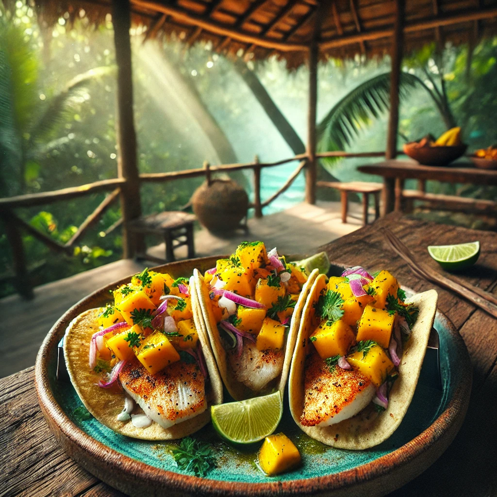 Tropical Coconut Fish Tacos with Mango Salsa Verde