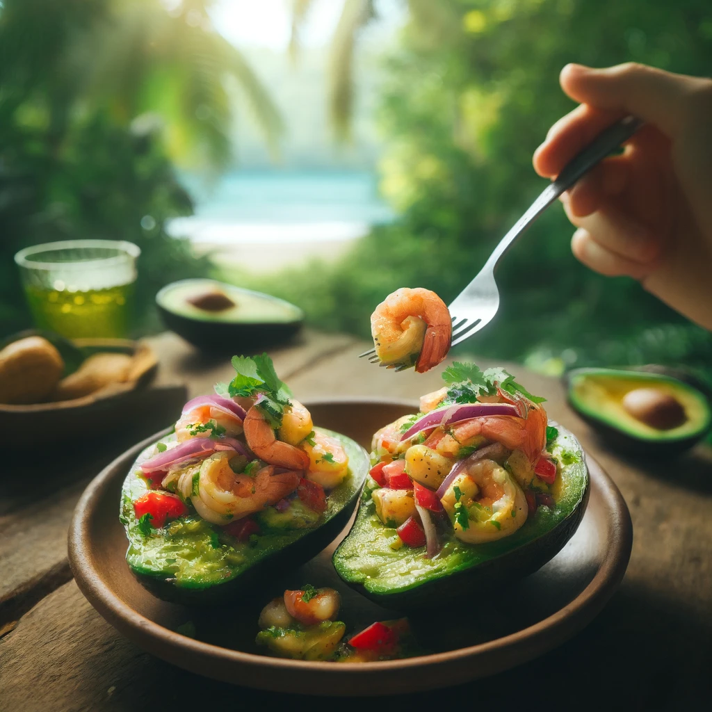 Tropical Plantain and Shrimp Ceviche Stuffed Avocados