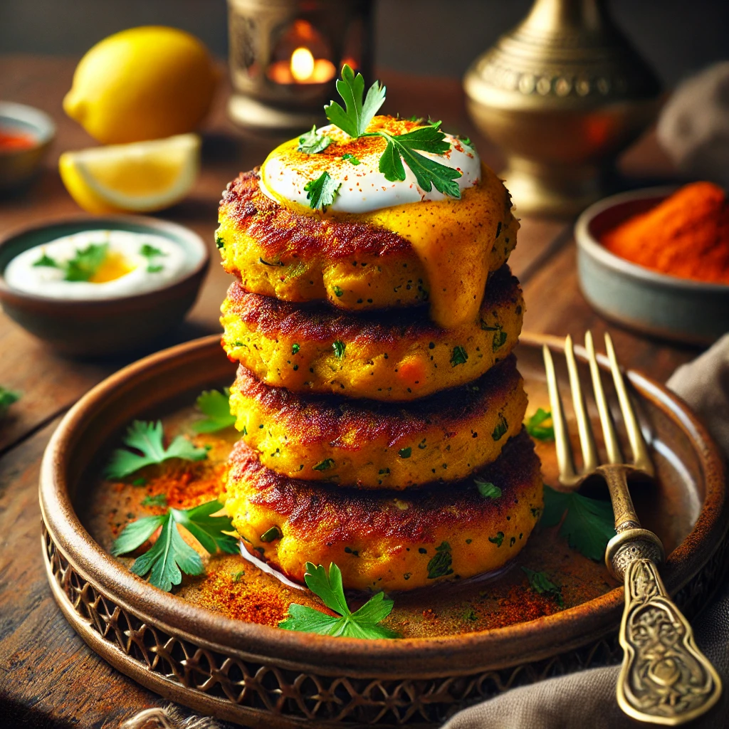 Golden Harissa Chickpea Cakes with Saffron Yogurt Sauce
