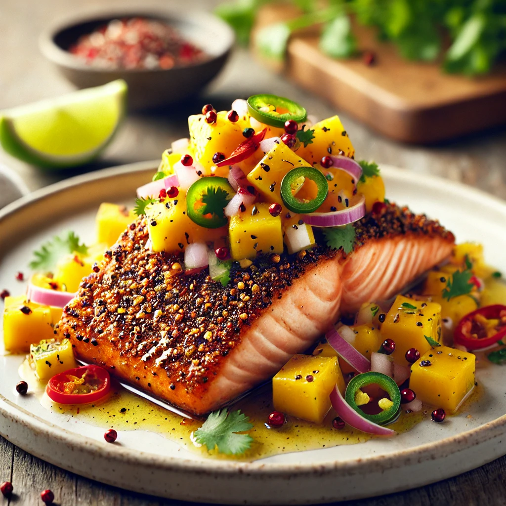 Szechuan Peppercorn Crusted Salmon with Mango Salsa