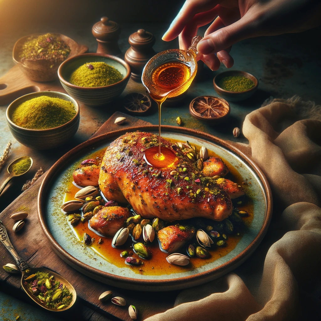Saffron Pistachio Chicken with Rosewater Glaze
