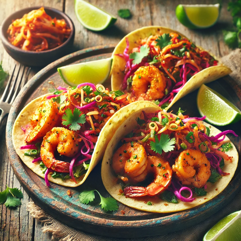 Crispy Korean Shrimp Tacos with Kimchi Slaw