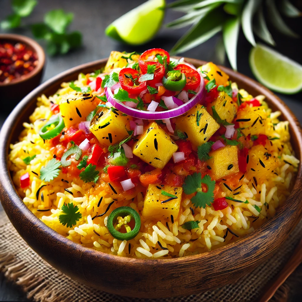 Saffron-infused Coconut Rice with Grilled Pineapple Salsa