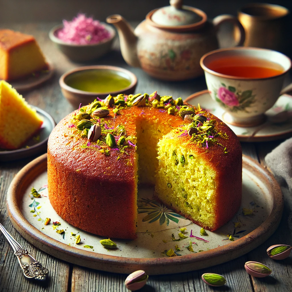 Saffron-Pistachio Rosewater Semolina Cake