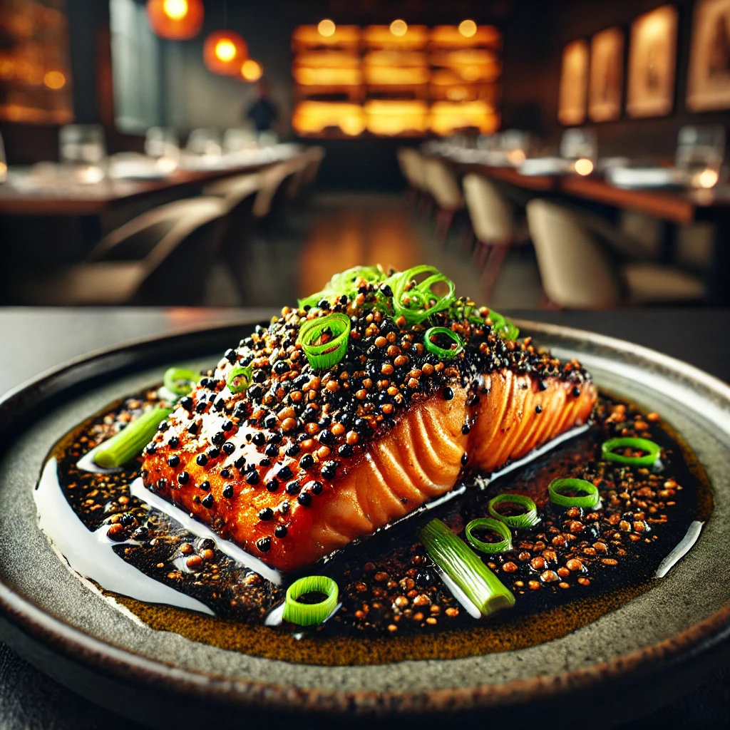 Szechuan Peppercorn Crusted Salmon with Black Garlic Butter Sauce