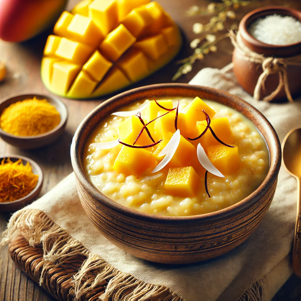 Saffron-infused Mango Coconut Rice Pudding