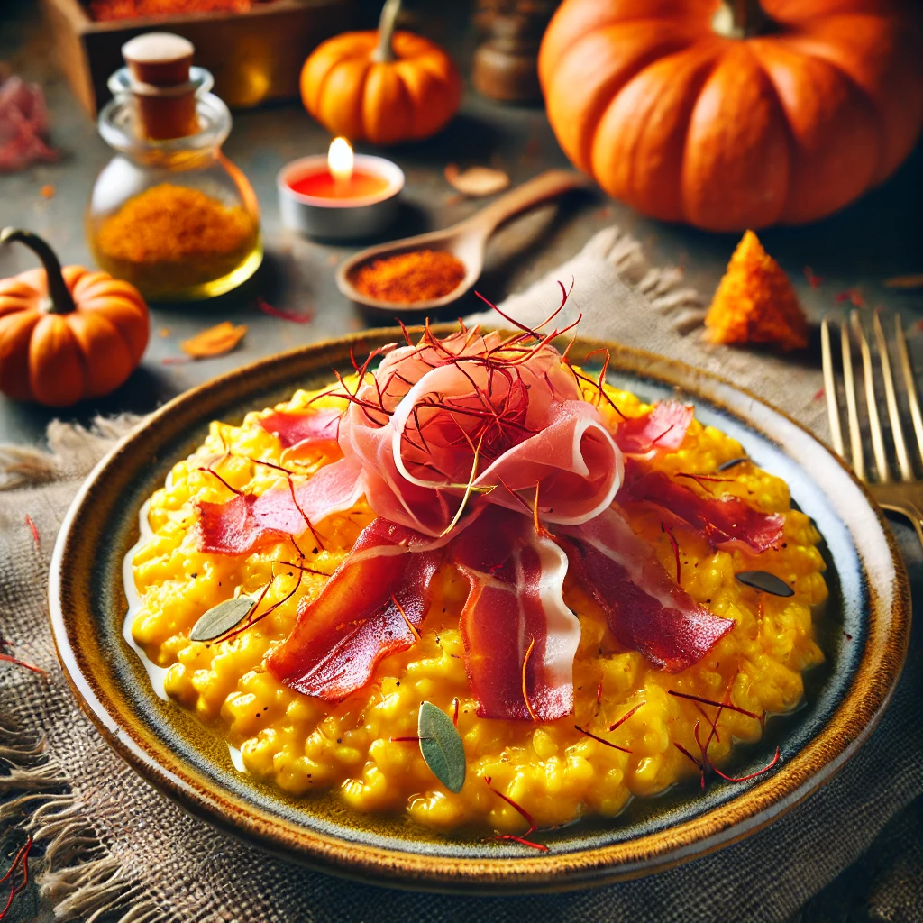 Saffron-infused Pumpkin Risotto with Crispy Prosciutto