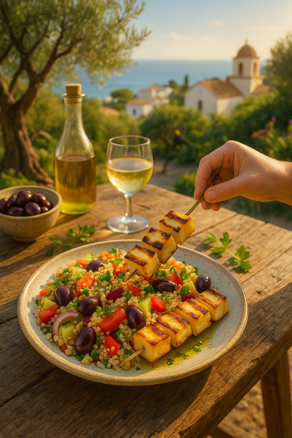 Sun-kissed Greek Quinoa Salad with Grilled Halloumi Skewers