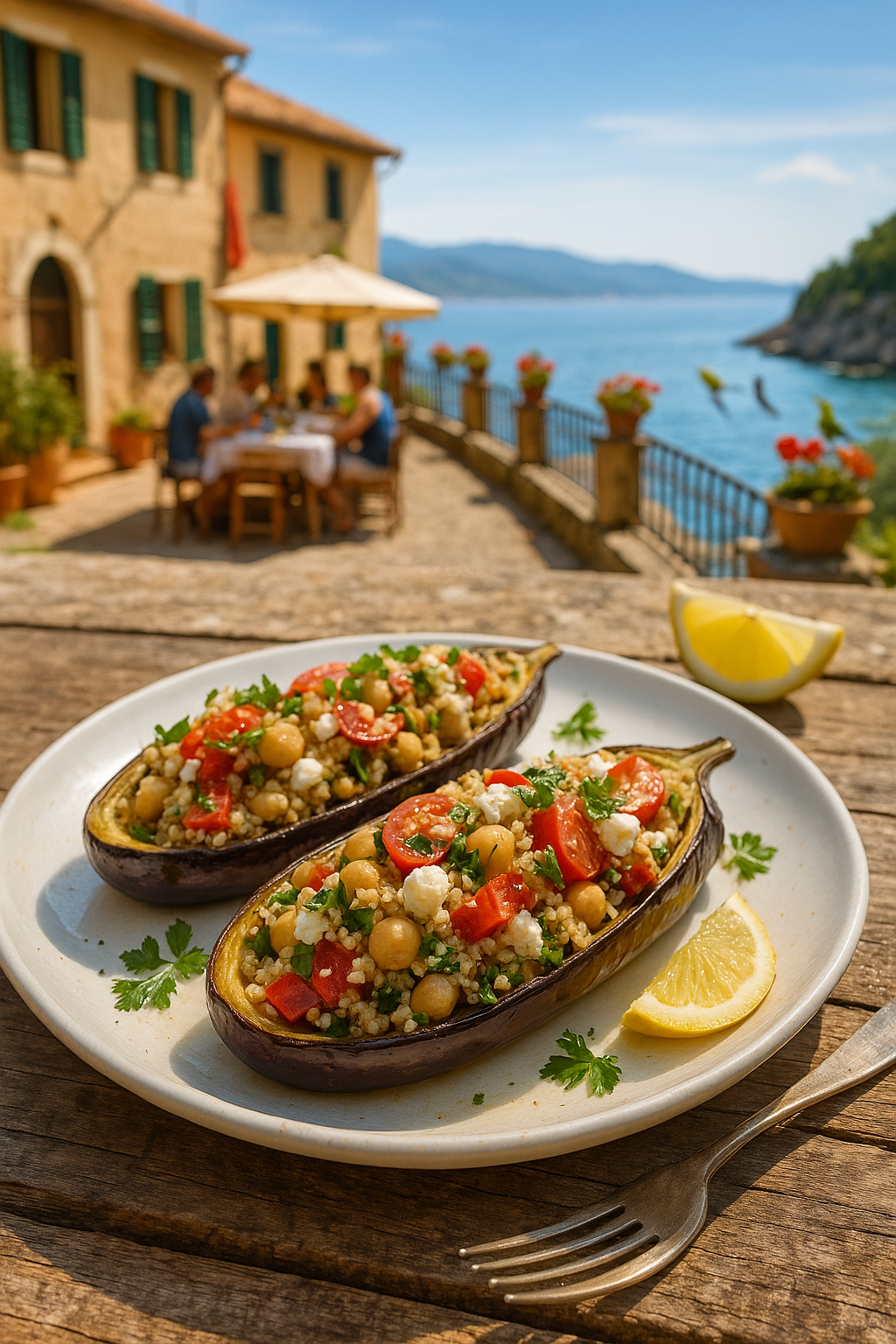 Mediterranean Quinoa Stuffed Eggplant Boats
