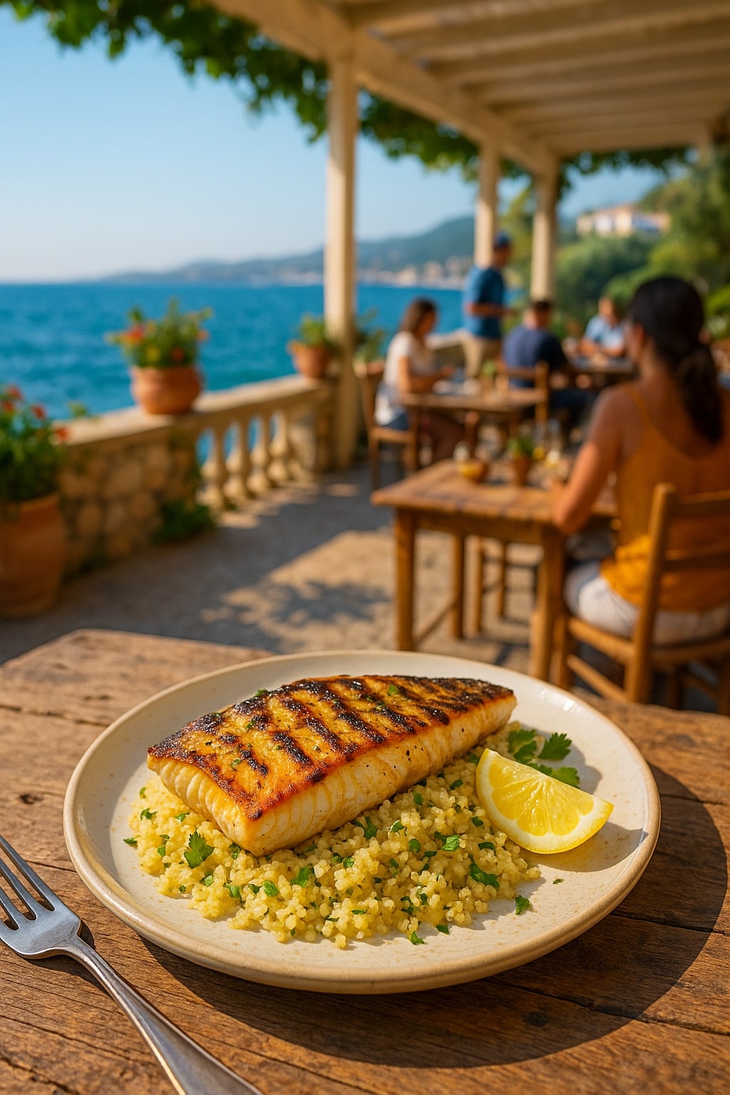 Saffron-infused Grilled Sea Bass with Lemon Herb Quinoa Pilaf