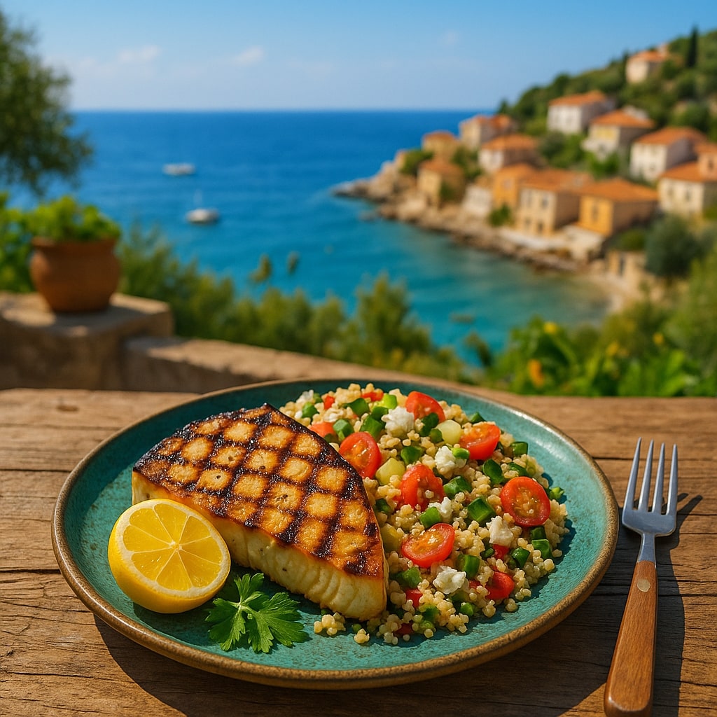 Sun-kissed Mediterranean Grilled Swordfish with Lemon Herb Quinoa Salad
