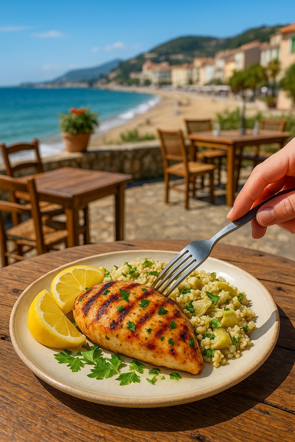 Zesty Grilled Lemon Herb Chicken with Artichoke Quinoa Pilaf